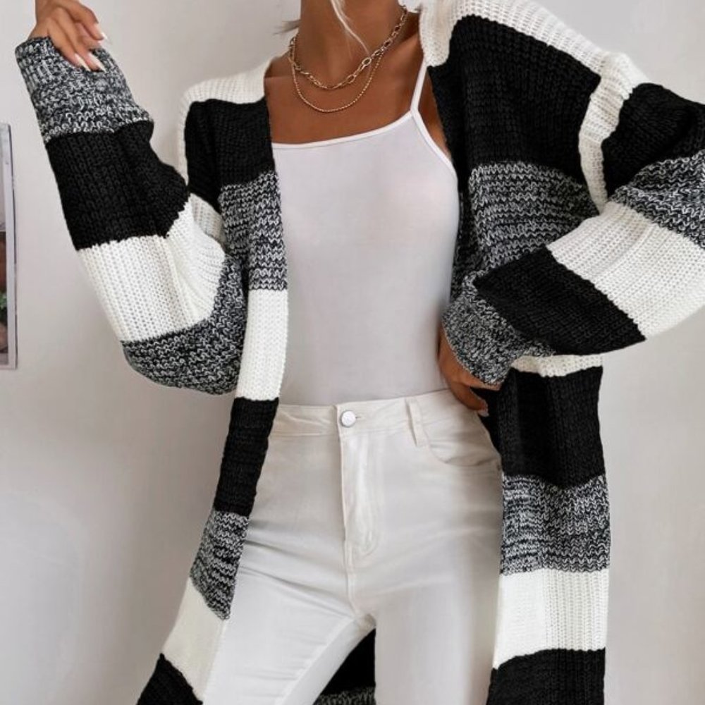Trendy! Color Block Open Front Batwing Sleeve Long - Picture 6 of 7